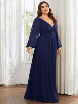 ever AMOUR|Elegant Chiffon V-Neckline Long Sleeve Formal Evening Dress