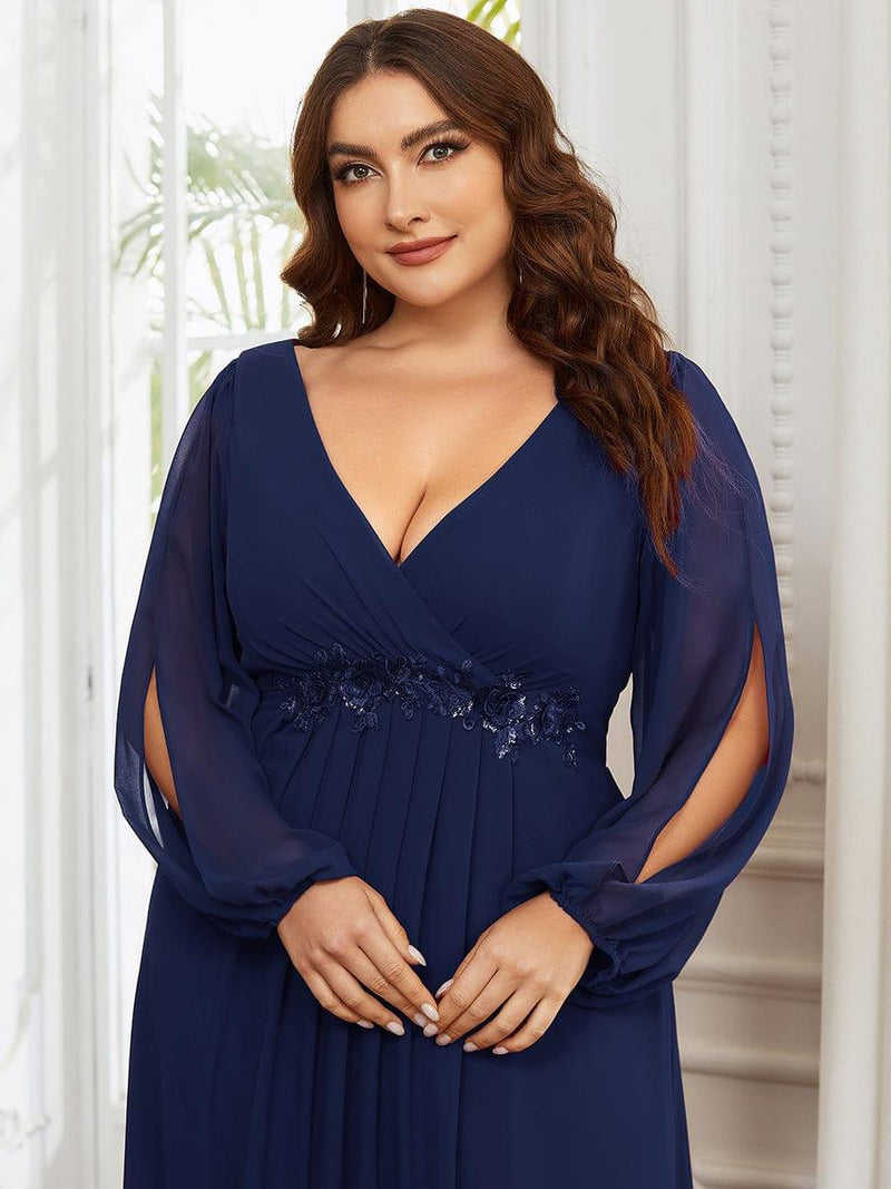 ever AMOUR|Elegant Chiffon V-Neckline Long Sleeve Formal Evening Dress