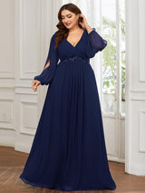 ever AMOUR|Elegant Chiffon V-Neckline Long Sleeve Formal Evening Dress