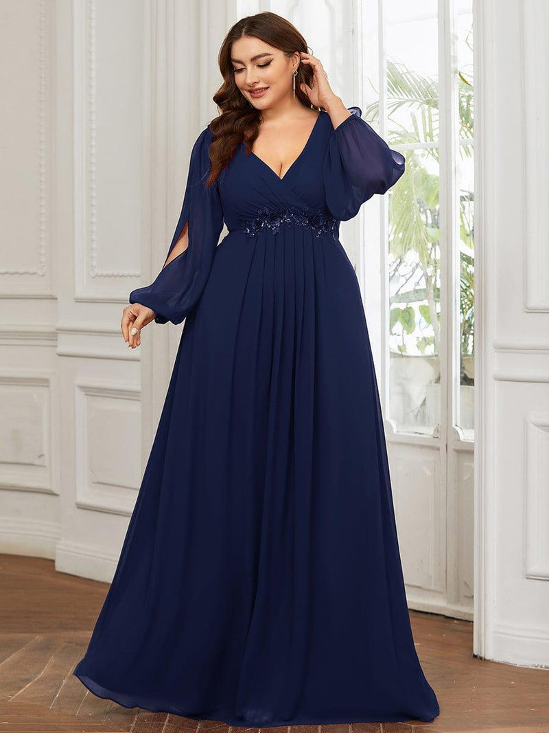 ever AMOUR|Elegant Chiffon V-Neckline Long Sleeve Formal Evening Dress