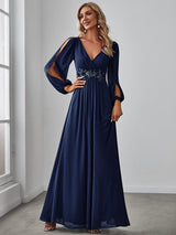 ever AMOUR|Elegant Chiffon V-Neckline Long Sleeve Formal Evening Dress