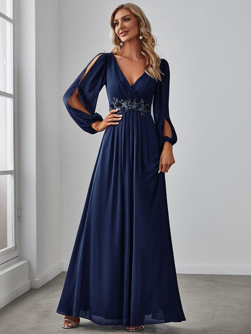 ever AMOUR|Elegant Chiffon V-Neckline Long Sleeve Formal Evening Dress