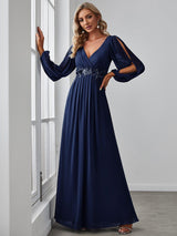 ever AMOUR|Elegant Chiffon V-Neckline Long Sleeve Formal Evening Dress