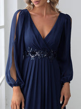 ever AMOUR|Elegant Chiffon V-Neckline Long Sleeve Formal Evening Dress