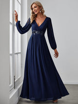 ever AMOUR|Elegant Chiffon V-Neckline Long Sleeve Formal Evening Dress