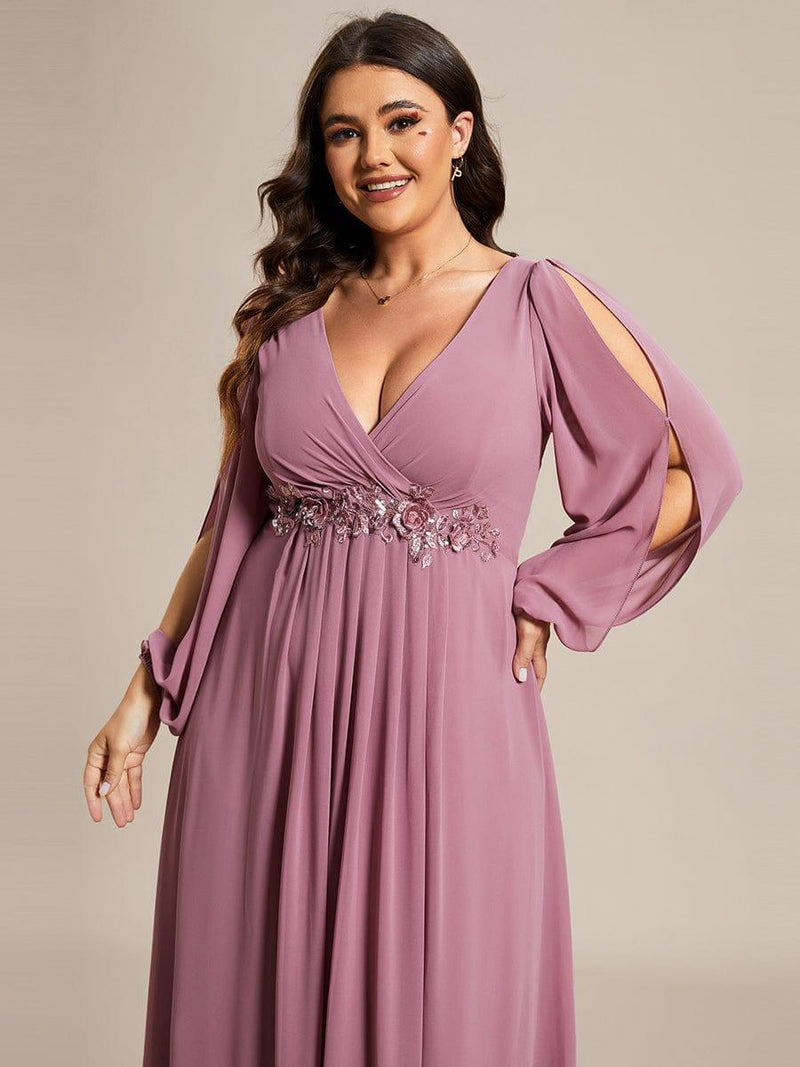 ever AMOUR|Elegant Chiffon V-Neckline Long Sleeve Formal Evening Dress