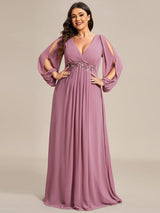 ever AMOUR|Elegant Chiffon V-Neckline Long Sleeve Formal Evening Dress