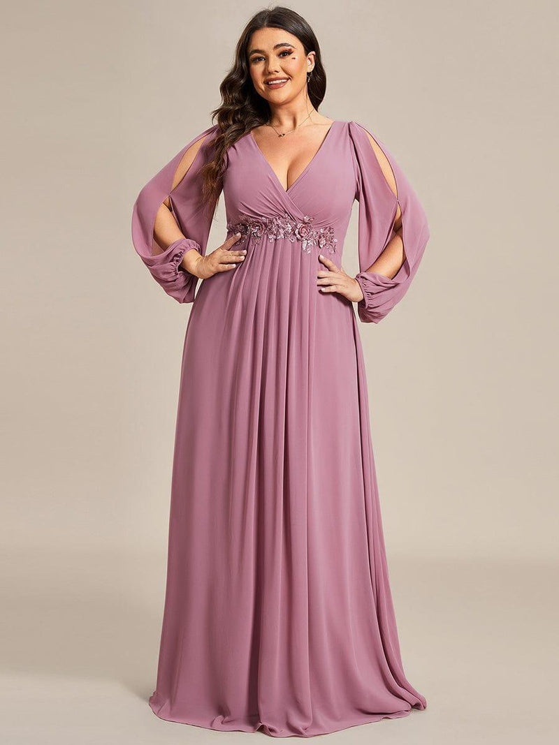 ever AMOUR|Elegant Chiffon V-Neckline Long Sleeve Formal Evening Dress