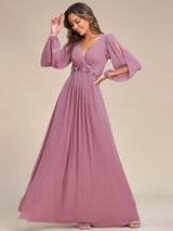 ever AMOUR|Elegant Chiffon V-Neckline Long Sleeve Formal Evening Dress