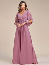ever AMOUR|Elegant Chiffon V-Neckline Long Sleeve Formal Evening Dress
