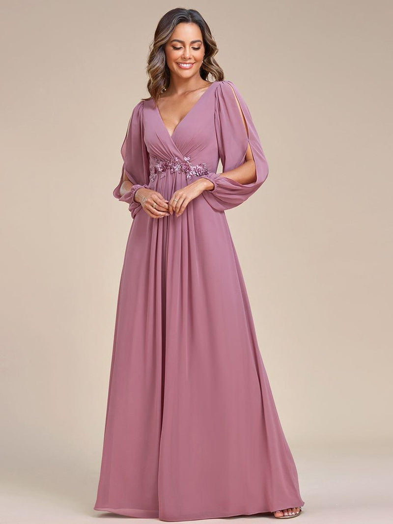 ever AMOUR|Elegant Chiffon V-Neckline Long Sleeve Formal Evening Dress