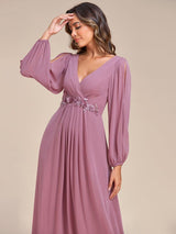 ever AMOUR|Elegant Chiffon V-Neckline Long Sleeve Formal Evening Dress