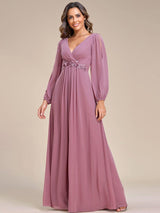 ever AMOUR|Elegant Chiffon V-Neckline Long Sleeve Formal Evening Dress