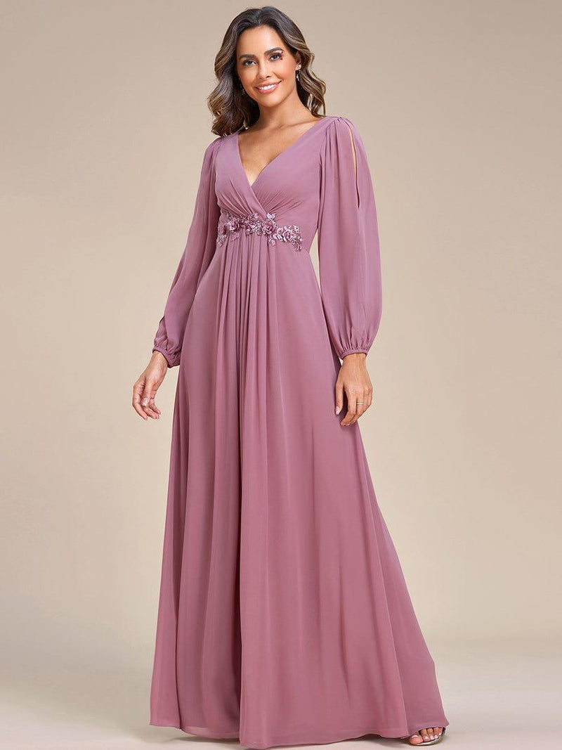 ever AMOUR|Elegant Chiffon V-Neckline Long Sleeve Formal Evening Dress
