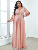 pretty AMOUR|Stylish Plus Size Chiffon Formal Evening Dresses with Long Lantern Sleeves