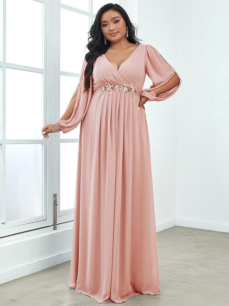 pretty AMOUR|Stylish Plus Size Chiffon Formal Evening Dresses with Long Lantern Sleeves