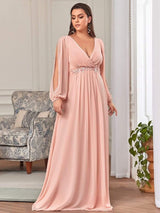 ever AMOUR|Elegant Chiffon V-Neckline Long Sleeve Formal Evening Dress
