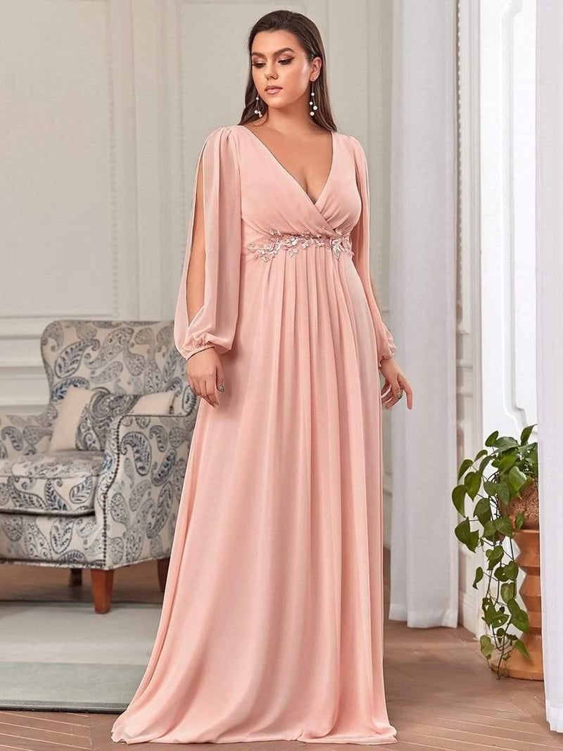 ever AMOUR|Elegant Chiffon V-Neckline Long Sleeve Formal Evening Dress