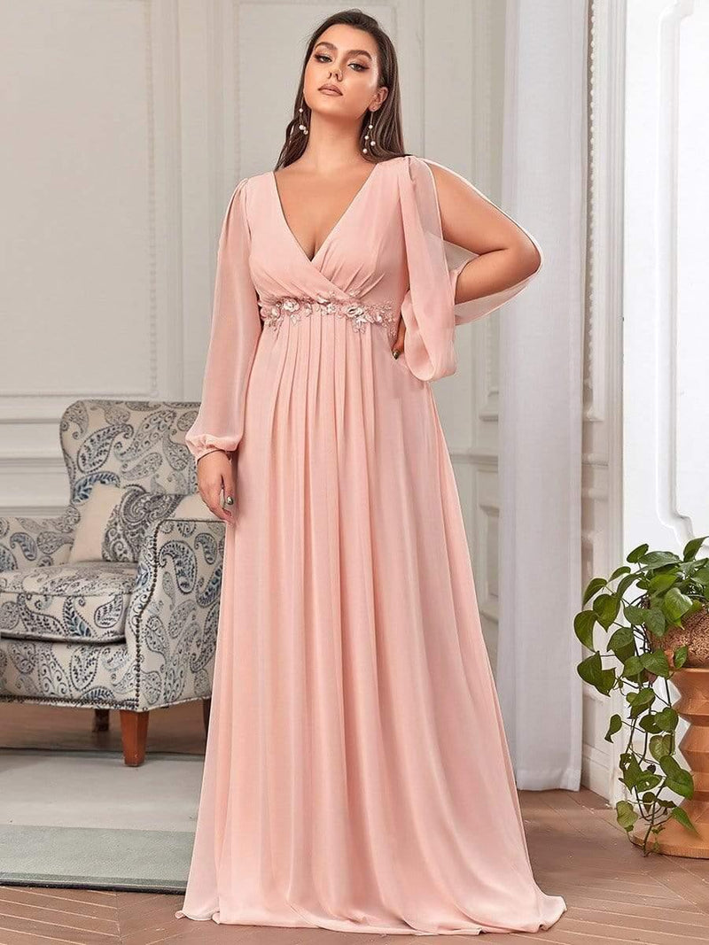 ever AMOUR|Elegant Chiffon V-Neckline Long Sleeve Formal Evening Dress