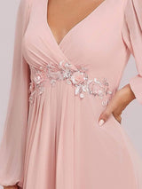 ever AMOUR|Elegant Chiffon V-Neckline Long Sleeve Formal Evening Dress