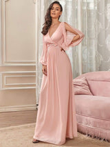 ever AMOUR|Elegant Chiffon V-Neckline Long Sleeve Formal Evening Dress