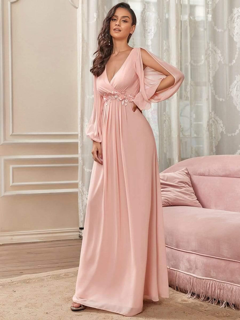 ever AMOUR|Elegant Chiffon V-Neckline Long Sleeve Formal Evening Dress
