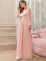 ever AMOUR|Elegant Chiffon V-Neckline Long Sleeve Formal Evening Dress