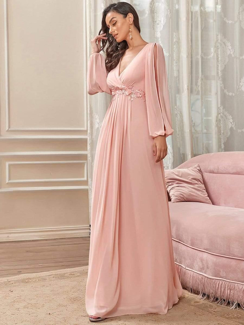 ever AMOUR|Elegant Chiffon V-Neckline Long Sleeve Formal Evening Dress