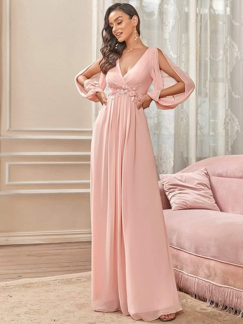 ever AMOUR|Elegant Chiffon V-Neckline Long Sleeve Formal Evening Dress