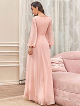 ever AMOUR|Elegant Chiffon V-Neckline Long Sleeve Formal Evening Dress