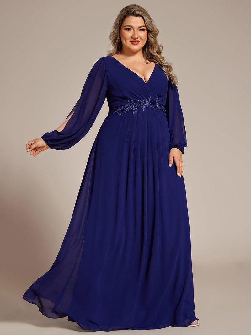 ever AMOUR|Elegant Chiffon V-Neckline Long Sleeve Formal Evening Dress