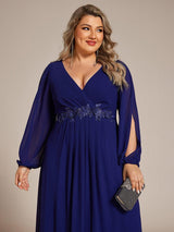 ever AMOUR|Elegant Chiffon V-Neckline Long Sleeve Formal Evening Dress