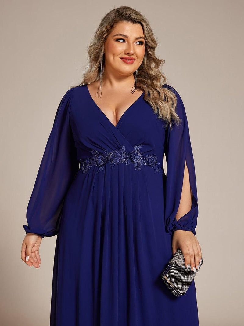 ever AMOUR|Elegant Chiffon V-Neckline Long Sleeve Formal Evening Dress