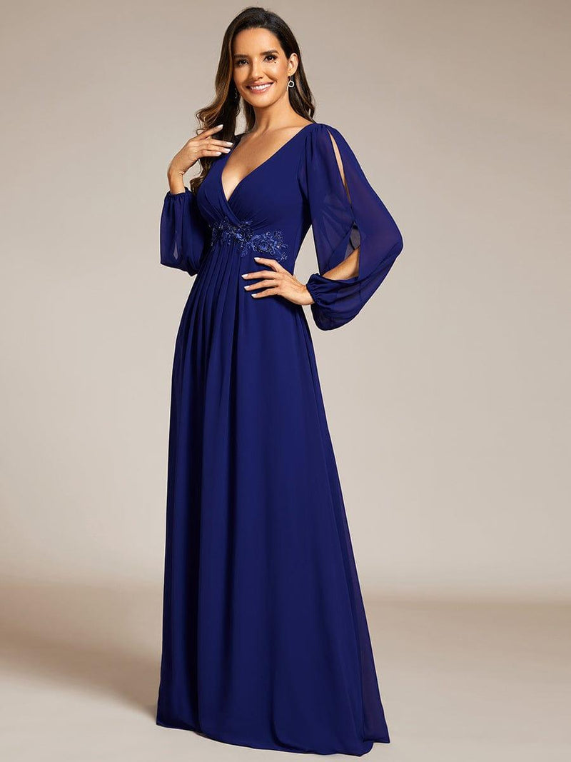 ever AMOUR|Elegant Chiffon V-Neckline Long Sleeve Formal Evening Dress