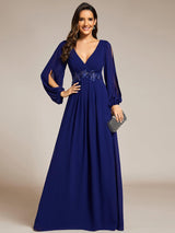 ever AMOUR|Elegant Chiffon V-Neckline Long Sleeve Formal Evening Dress