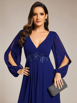 ever AMOUR|Elegant Chiffon V-Neckline Long Sleeve Formal Evening Dress