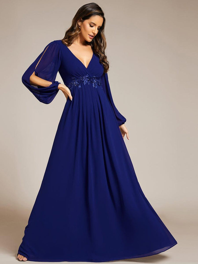 ever AMOUR|Elegant Chiffon V-Neckline Long Sleeve Formal Evening Dress