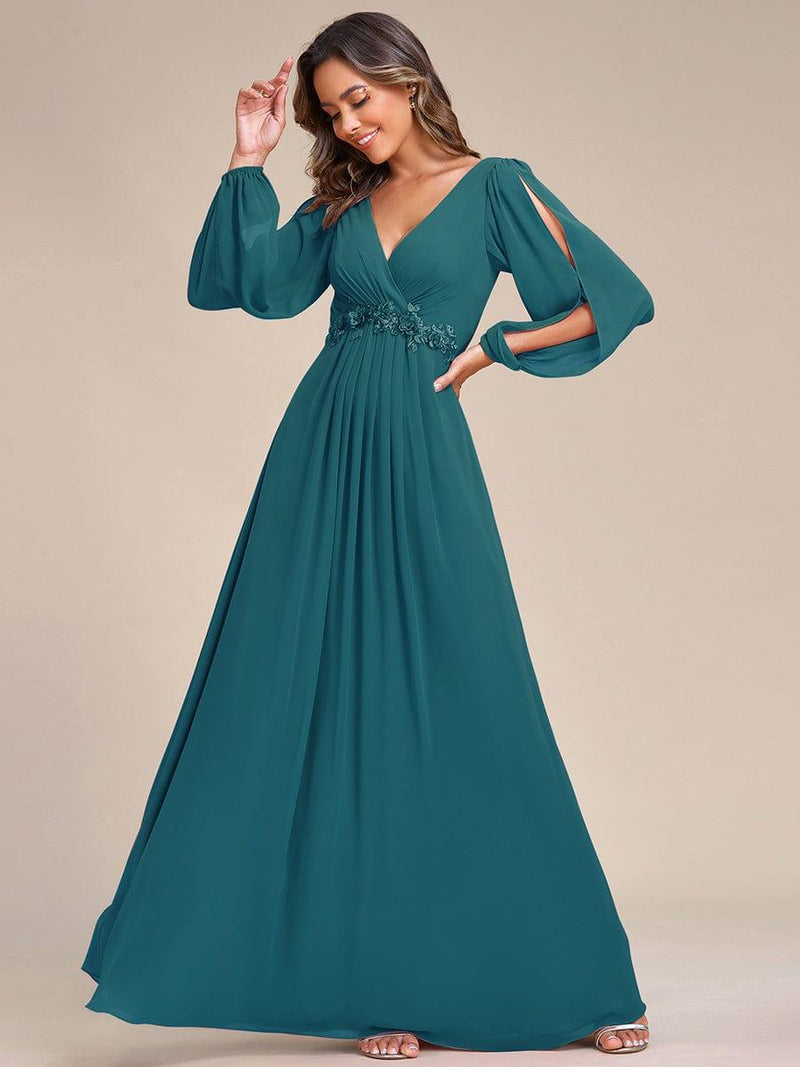 ever AMOUR|Elegant Chiffon V-Neckline Long Sleeve Formal Evening Dress