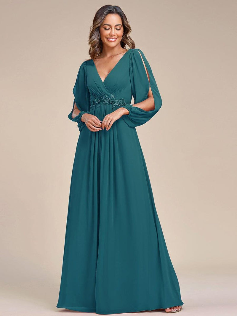 ever AMOUR|Elegant Chiffon V-Neckline Long Sleeve Formal Evening Dress
