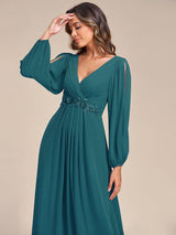 ever AMOUR|Elegant Chiffon V-Neckline Long Sleeve Formal Evening Dress