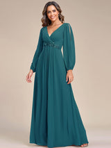 ever AMOUR|Elegant Chiffon V-Neckline Long Sleeve Formal Evening Dress