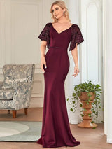 ever SLOANE|Sexy V Neck Maxi Bodycon Evening Dress with Flare Sleeves