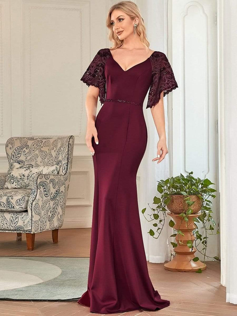 ever SLOANE|Sexy V Neck Maxi Bodycon Evening Dress with Flare Sleeves