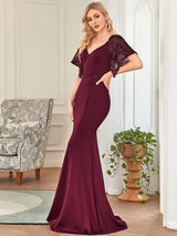 ever SLOANE|Sexy V Neck Maxi Bodycon Evening Dress with Flare Sleeves