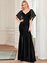 ever SLOANE|Sexy V Neck Maxi Bodycon Evening Dress with Flare Sleeves