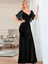 ever SLOANE|Sexy V Neck Maxi Bodycon Evening Dress with Flare Sleeves