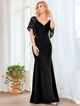 ever SLOANE|Sexy V Neck Maxi Bodycon Evening Dress with Flare Sleeves