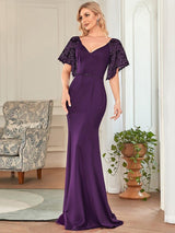 ever SLOANE|Sexy V Neck Maxi Bodycon Evening Dress with Flare Sleeves