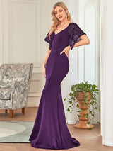 ever SLOANE|Sexy V Neck Maxi Bodycon Evening Dress with Flare Sleeves