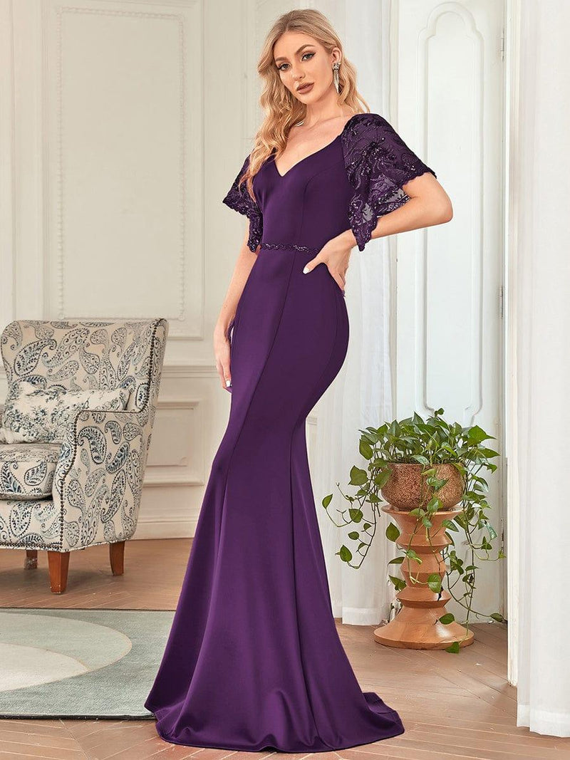 ever SLOANE|Sexy V Neck Maxi Bodycon Evening Dress with Flare Sleeves
